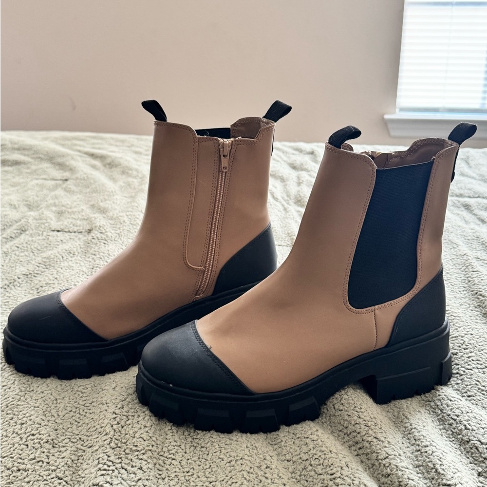 A New Day Tan and Black Ankle Booties with Rugged Sole